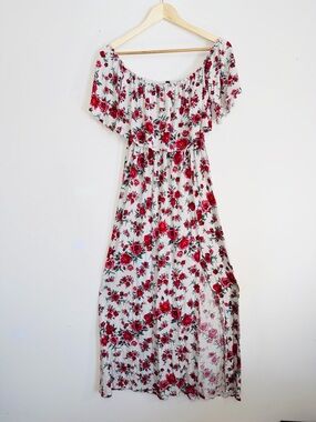 🌹 H&M White Maxi Dress with Red Rose Print